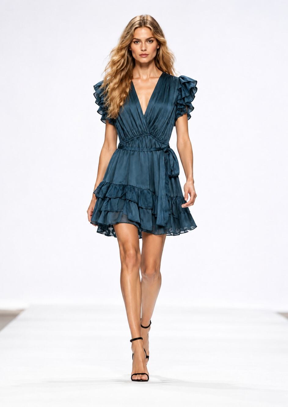 Karina Grimaldi XS Silk Blend Ruffle Mini Dress Teal Surplice Tie Waist $285